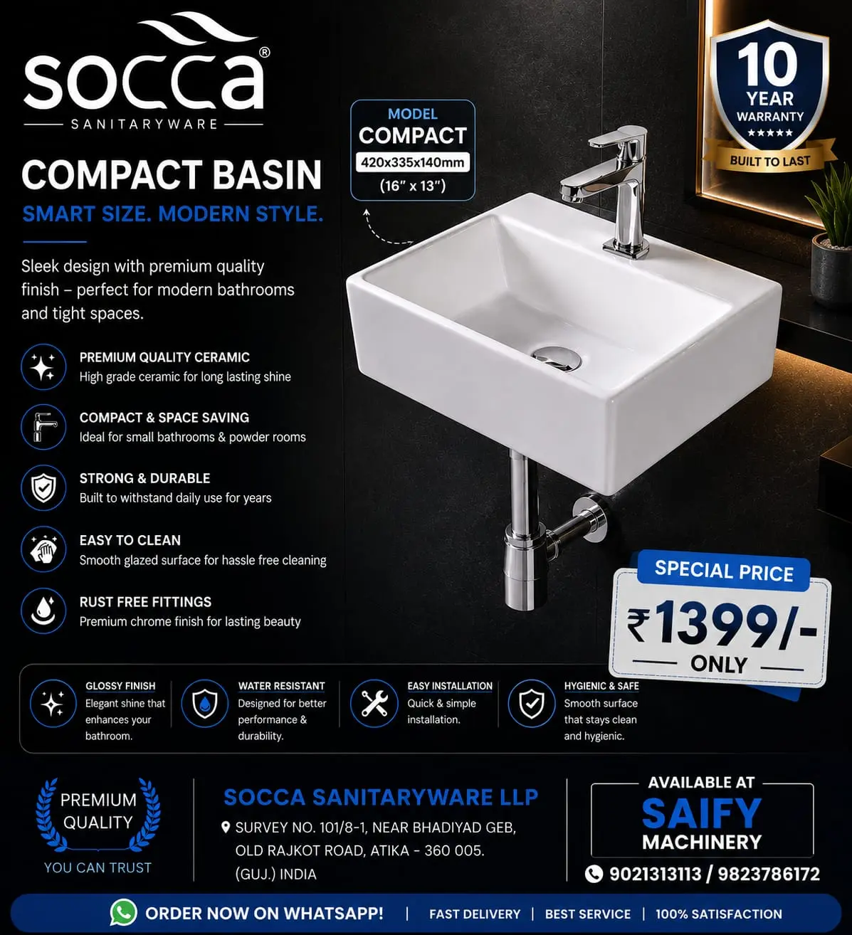 Compact Ceramic Bathroom Basin